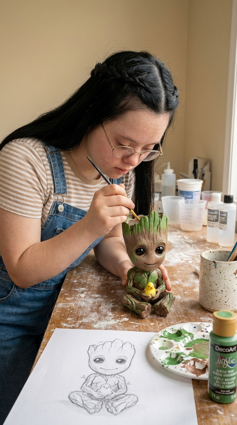 La creadora pintando a mano un macetero hombre-árbol